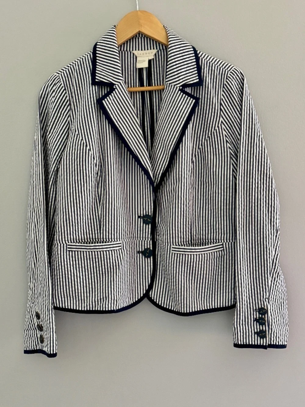 Sandro Cotton Blazer Blue White Stripe Nautical Styling Seersucker Jacket Large